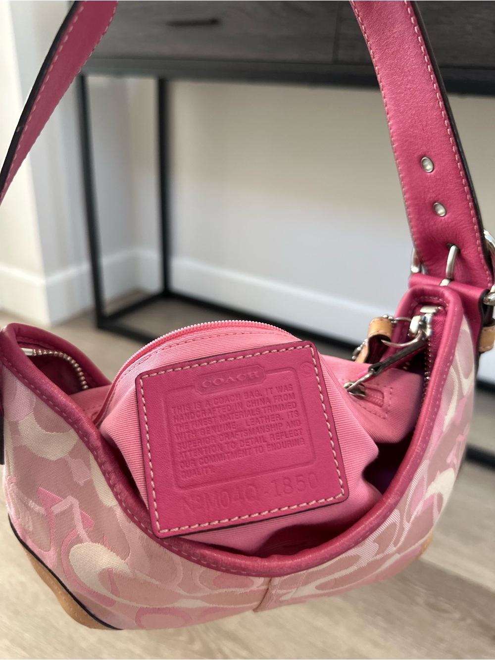 Rare Coach Pink Signature Jacquard Mini Shoulder Bag with Tan Trim - Picture 8 of 14